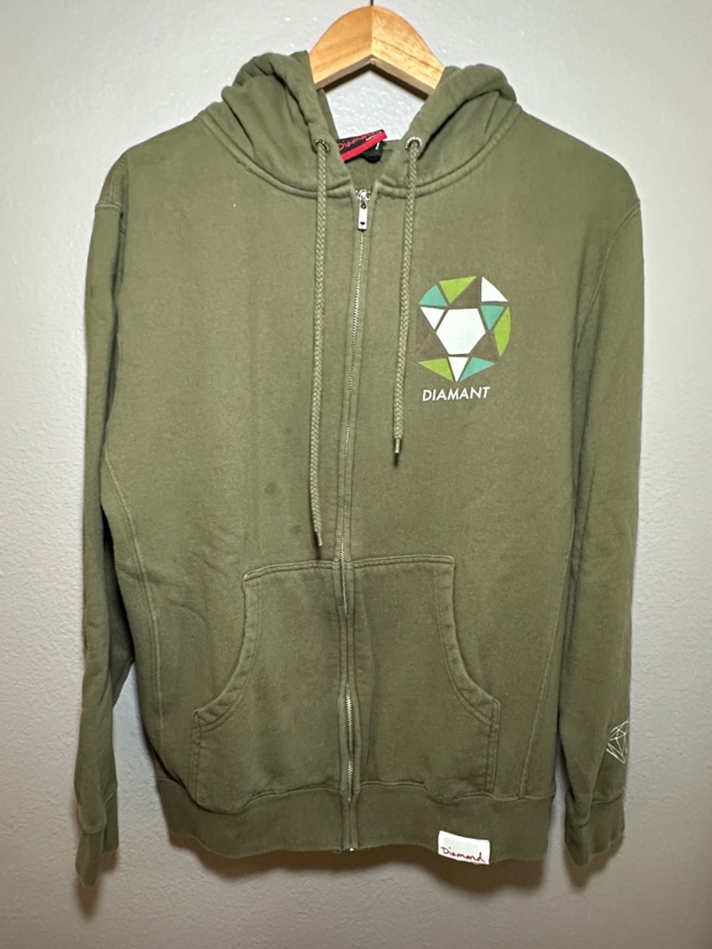 Diamond Supply Co. Olive Green Zip-Up Hoodie with Geometric Logo